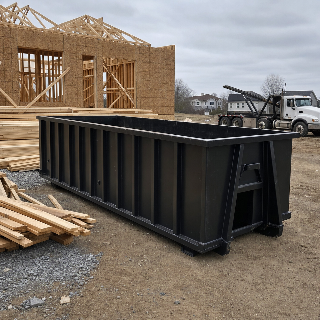 Matte-black 40-yard roll-off dumpster staged on a framed-out residential construction site in El Cajon, framing lumber stacked nearby, hooklift delivery truck visible in the background under bright Colorado daylight