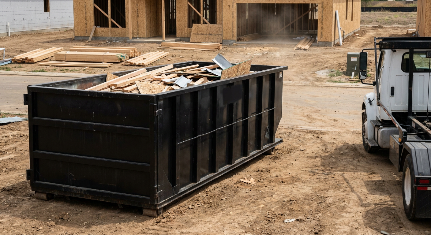 Matte-black 20-yard roll-off construction dumpster with heavy ribbed steel sidewalls and swing rear doors at a working jobsite in El Cajon, sitting directly on compacted dirt with an unmarked white hauler partially visible at the far edge of the frame.