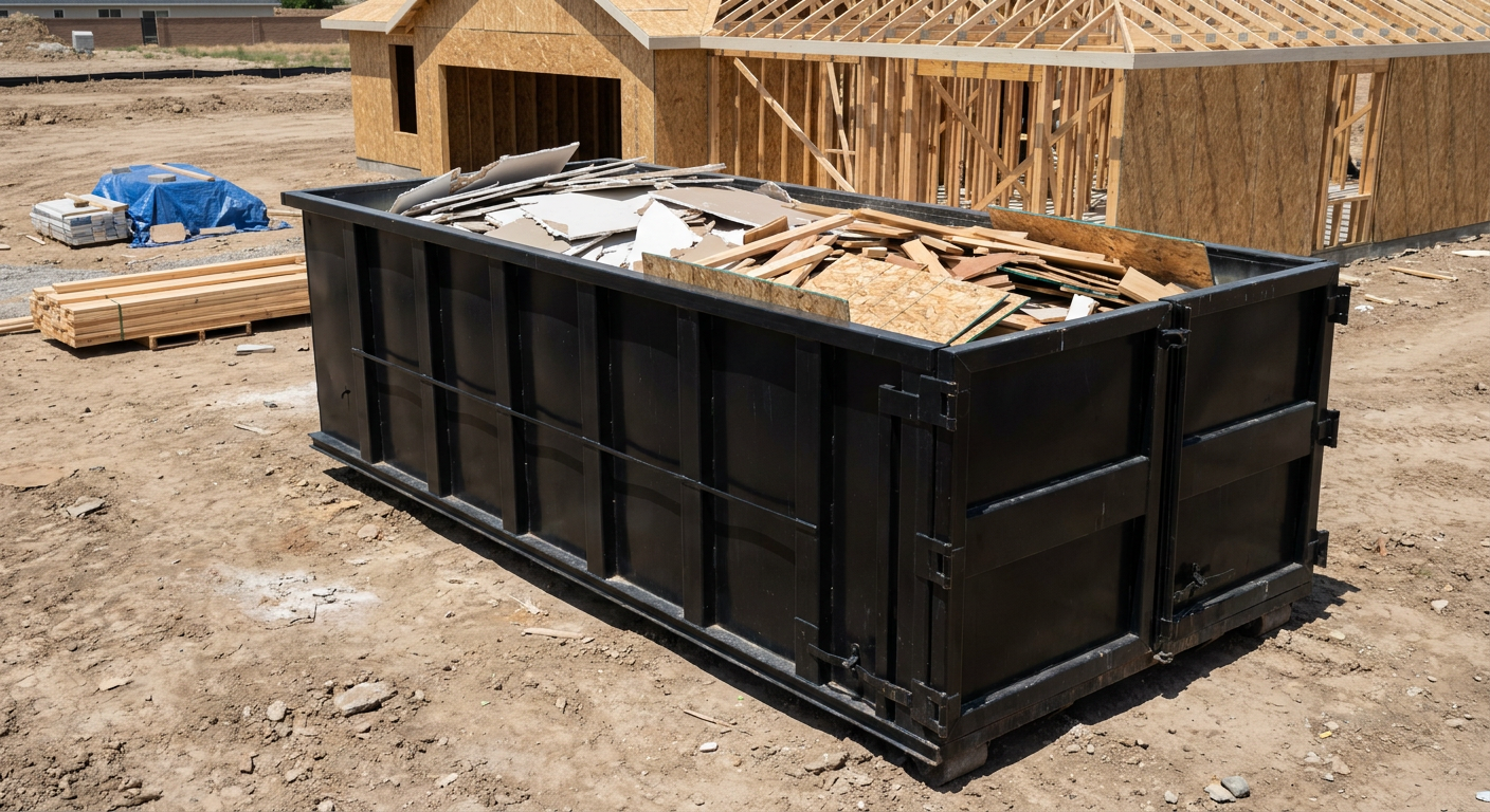 Matte-black 30-yard roll-off construction dumpster sitting directly on the compacted-dirt site of a framed single-family home build in El Cajon, drywall and lumber scrap loaded inside.