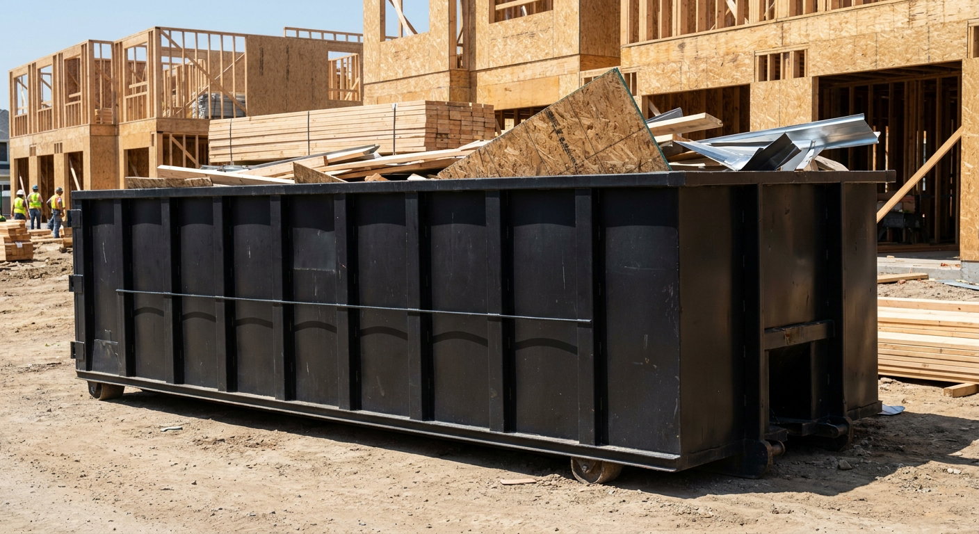 Matte-black 40-yard roll-off construction dumpster being lowered from a white-cab hooklift delivery truck onto the compacted-dirt jobsite at a commercial build site in El Cajon