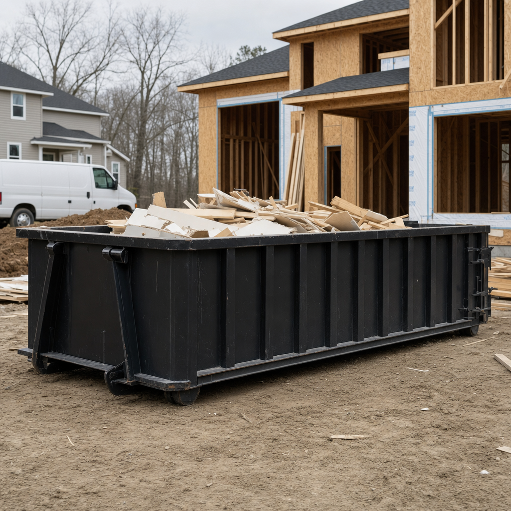 Worker in a yellow high-visibility vest tossing framing lumber and broken drywall into a matte-black 30-yard construction roll-off dumpster on an active build site in El Cajon, bright daylight