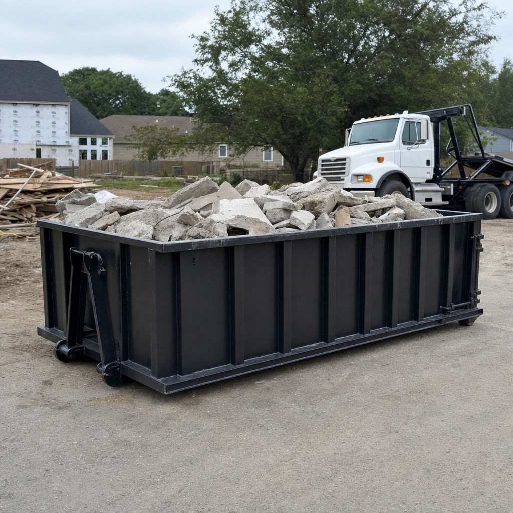 Low-profile matte-black lowboy roll-off dumpster loaded with broken concrete slab and rebar at a foundation tear-out in El Cajon, skid steer parked beside it, sunny Colorado morning
