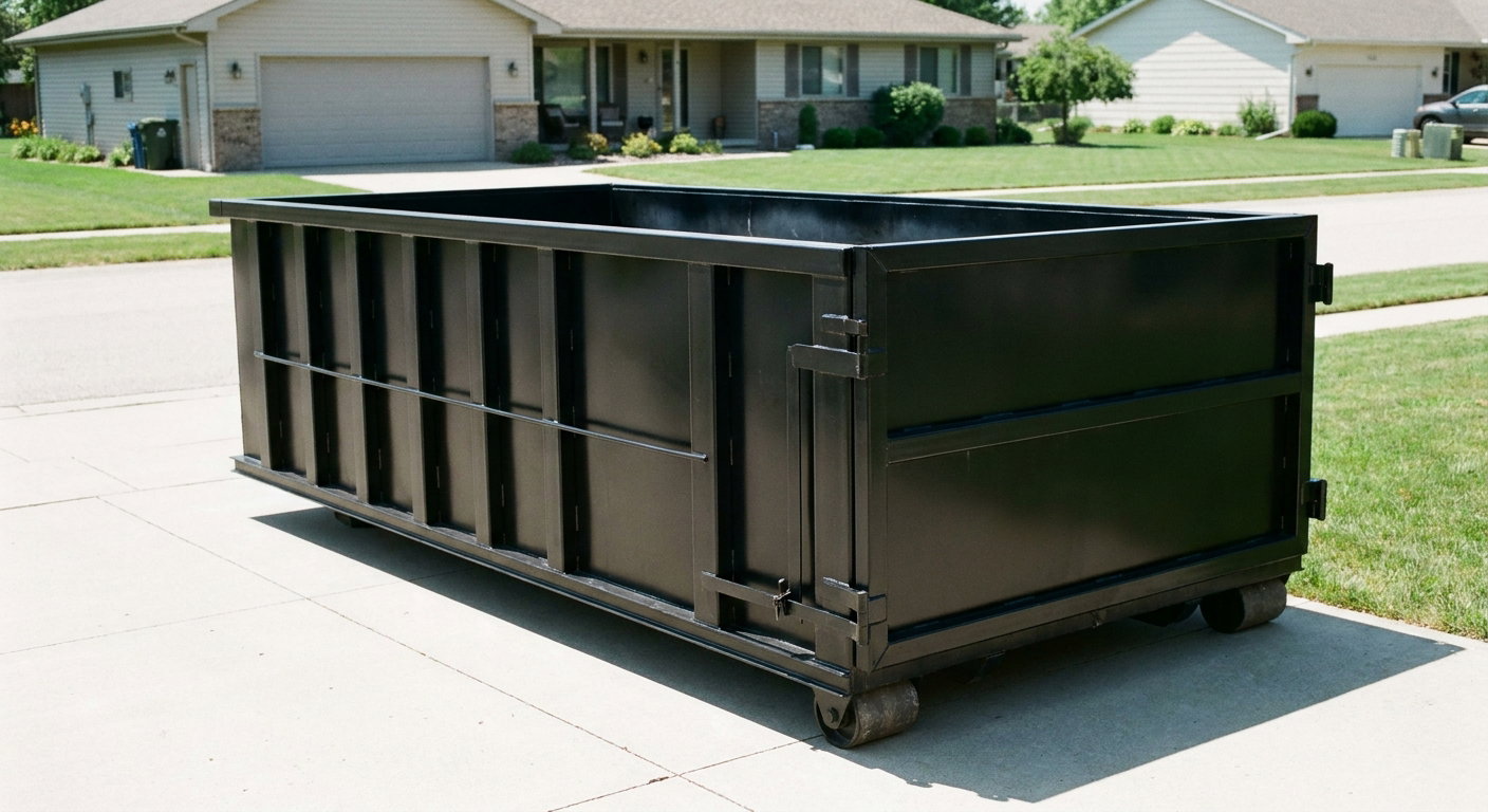 Matte-black 10-yard roll-off dumpster on a residential concrete driveway in El Cajon, uniformly painted matte black across every panel and rail, ribbed steel sidewalls and rear swing door visible, mid-day daylight.