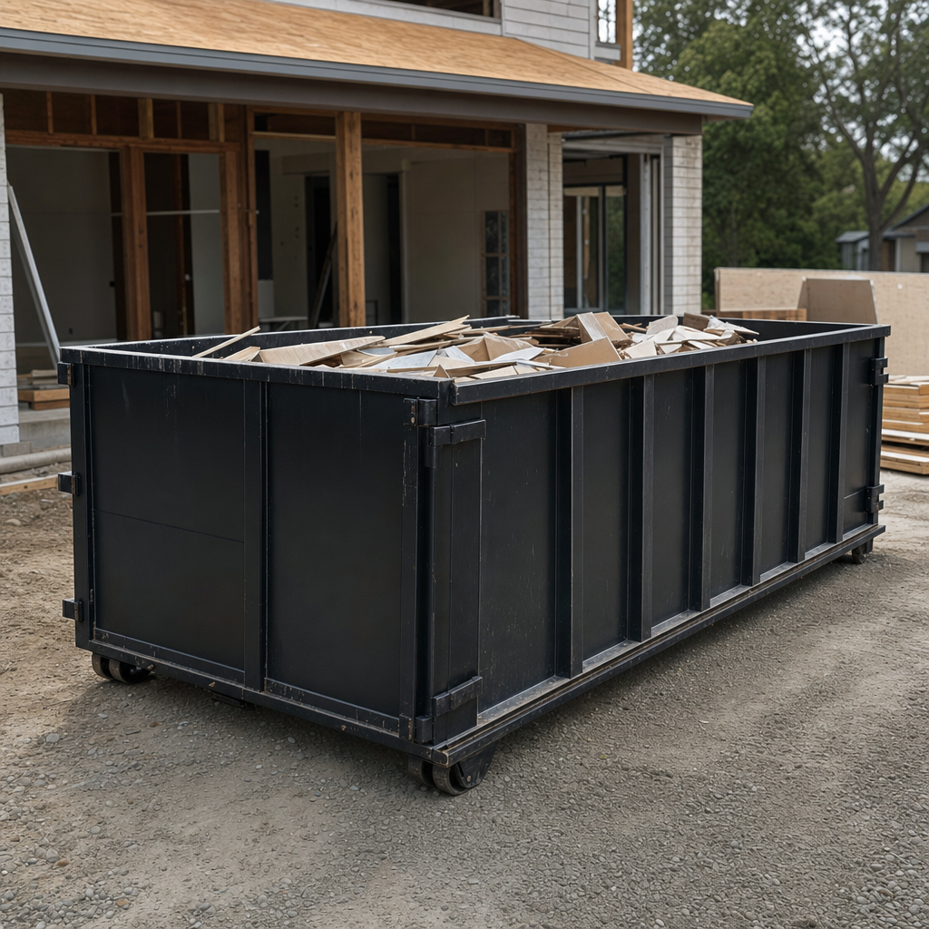 Large matte-black 30-yard construction roll-off dumpster at an active El Cajon jobsite, steel-gray top rails and bottom rollers visible, loaded with construction debris.