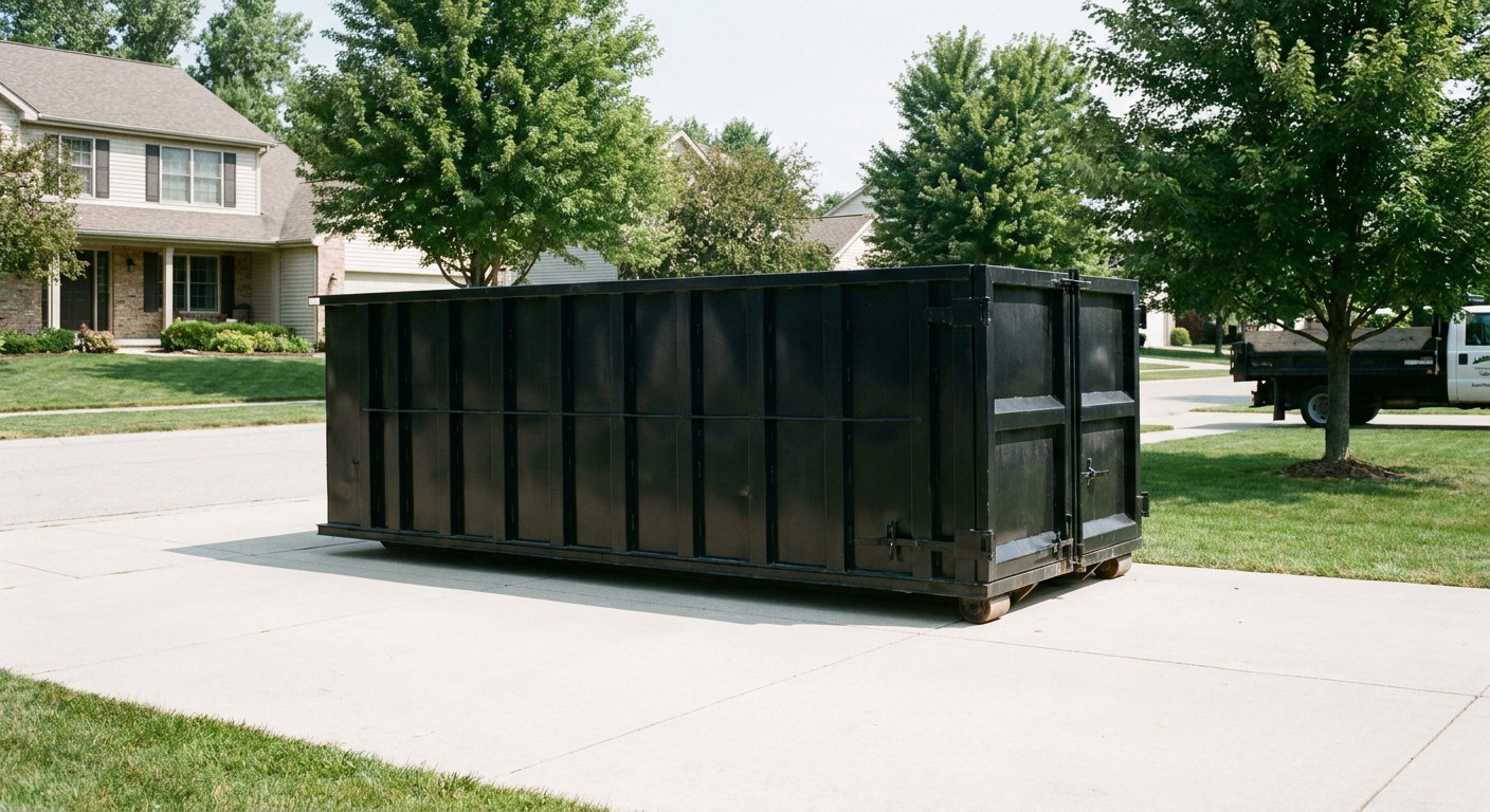 Matte-black 20-yard roll-off dumpster sitting level on a clean El Cajon residential concrete driveway under bright daylight, demonstrating clean placement directly on the concrete.