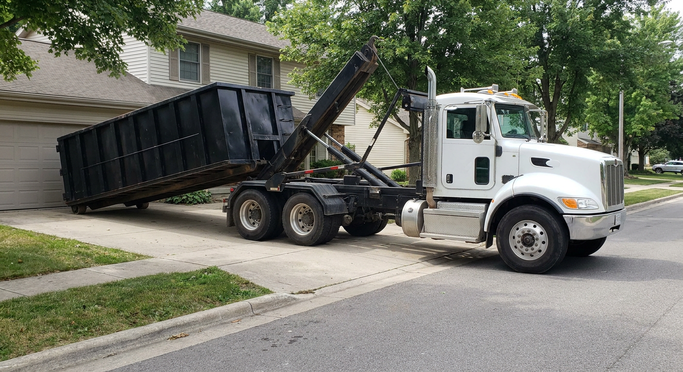 White-cab hooklift roll-off truck actively lowering a matte-black dumpster onto a El Cajon residential concrete driveway, the dumpster's rear wheels touching the driveway as the hoist arm tilts the bed forward, mid-morning daylight.