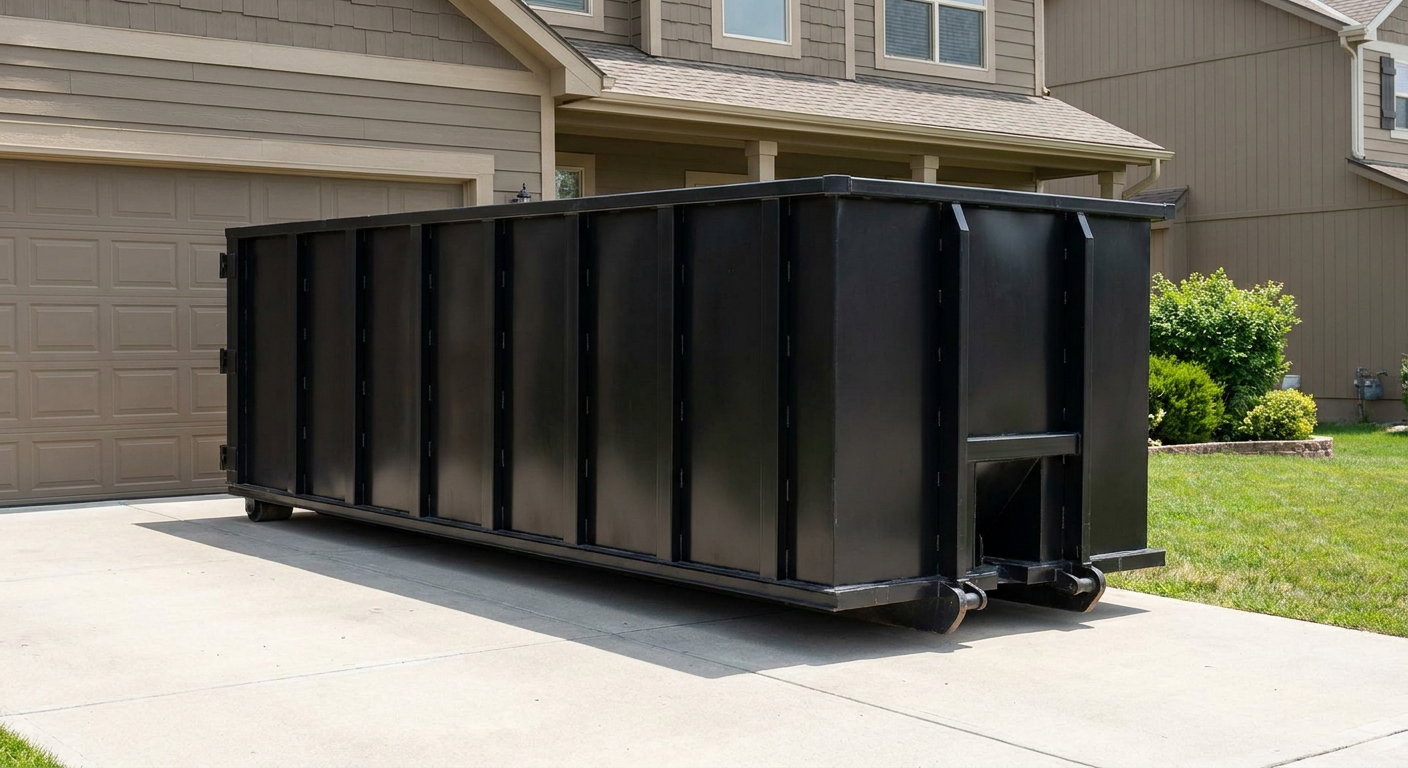 Matte-black residential roll-off dumpster sitting directly on a suburban El Cajon concrete driveway, garage door closed, single-family home in background, bright morning daylight.
