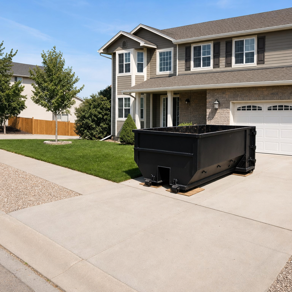 10-yard matte-black residential dumpster placed directly on a narrow El Cajon concrete driveway, room remains for a parked sedan beside it, mid-morning natural light