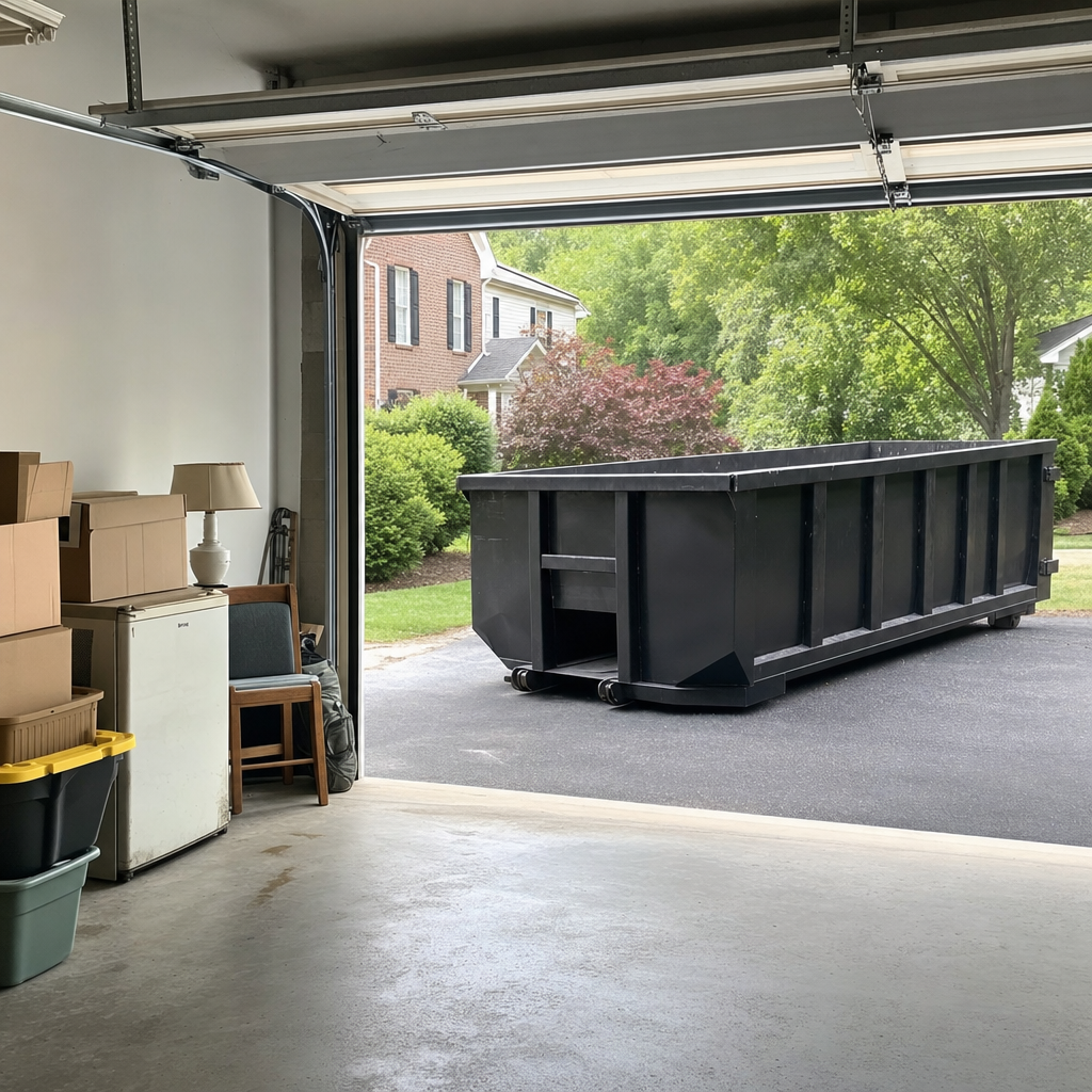 Open garage interior in a El Cajon home mid-cleanout — boxed items, an old appliance, and stacked yard tools queued near the driveway for a matte-black roll-off dumpster, organized and calm