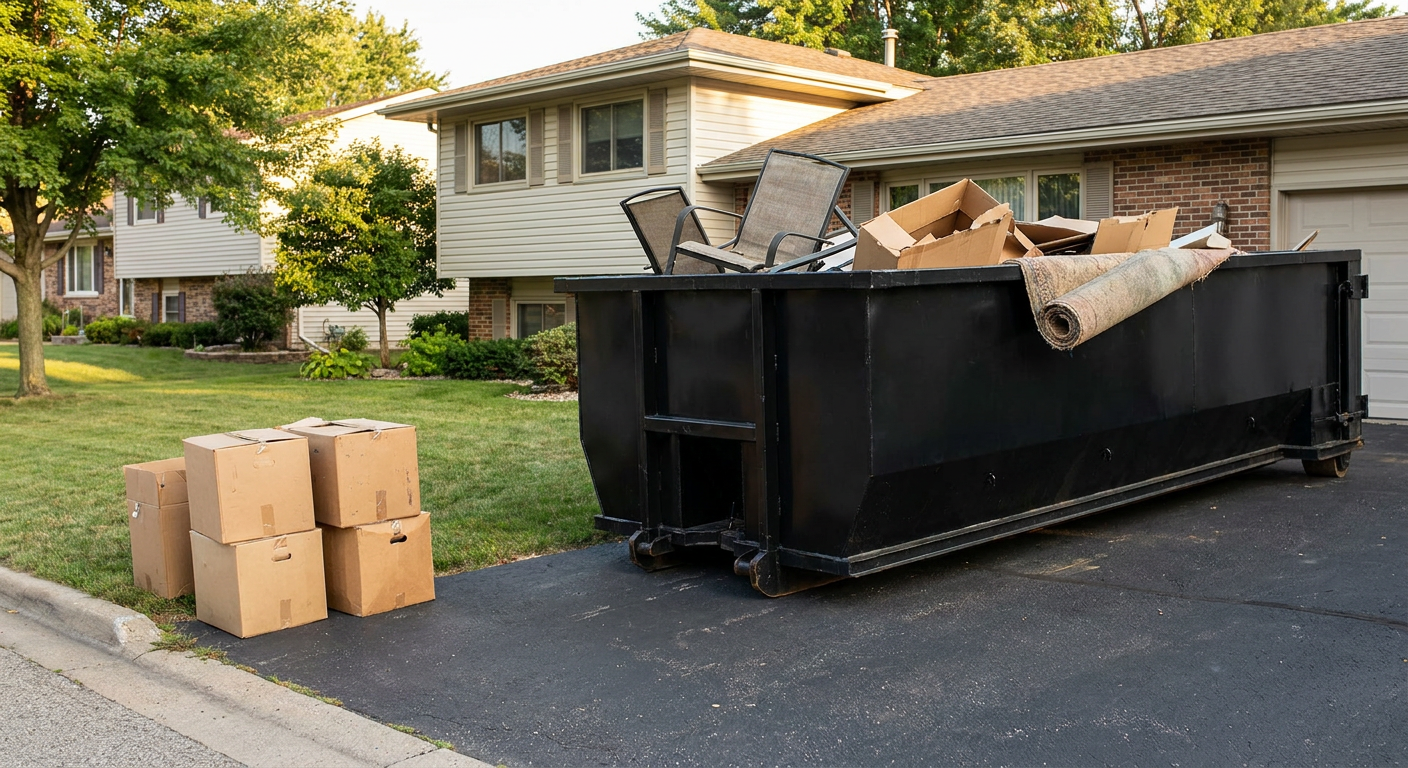 Front-yard view of a El Cajon split-level home with a 20-yard matte-black roll-off dumpster sitting directly on the asphalt driveway, a few clearly labeled donation boxes staged at the curb, calm sunny afternoon.