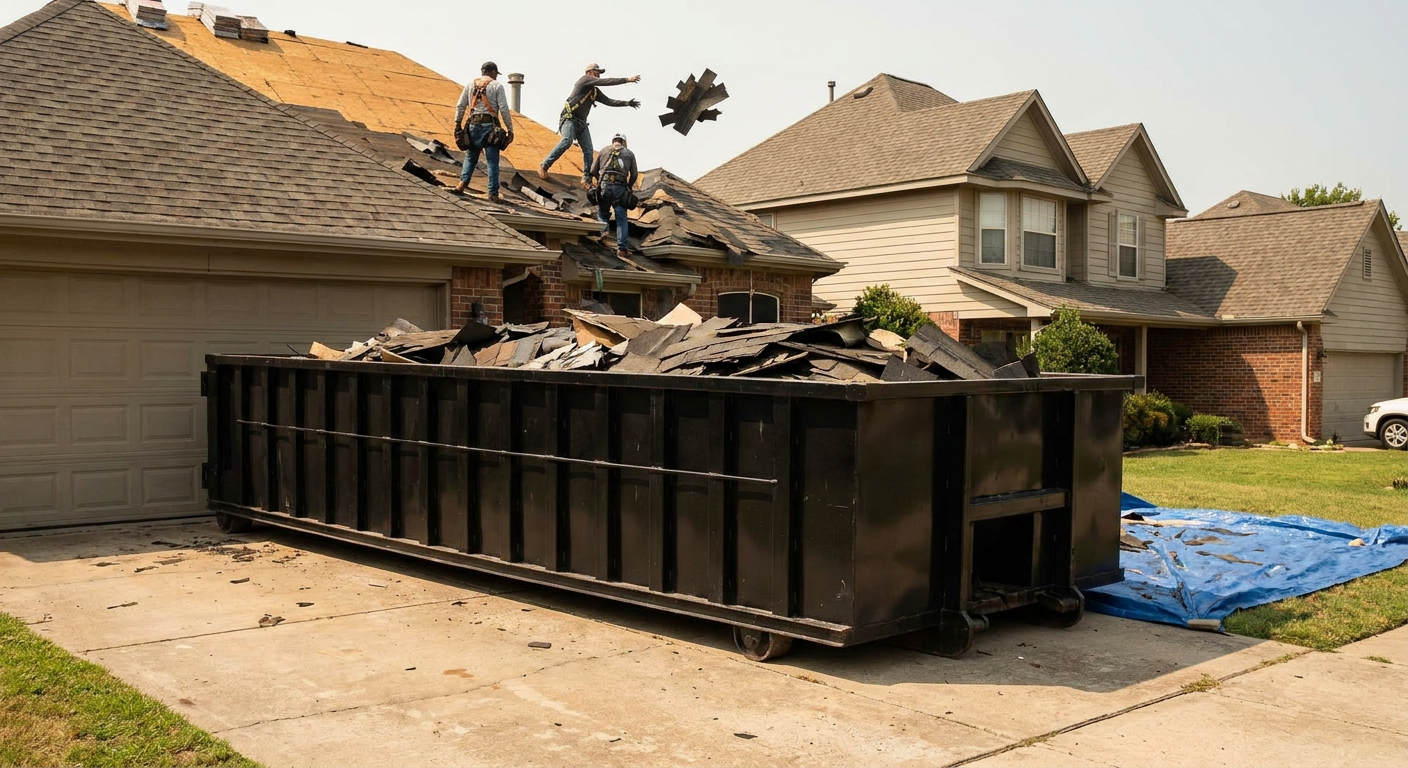Matte-black roofing roll-off dumpster placed directly on a El Cajon residential concrete driveway, a tear-off crew on a two-story asphalt-shingle roof tossing shingle bundles into the low-walled container, bright daylight, documentary 35mm perspective.