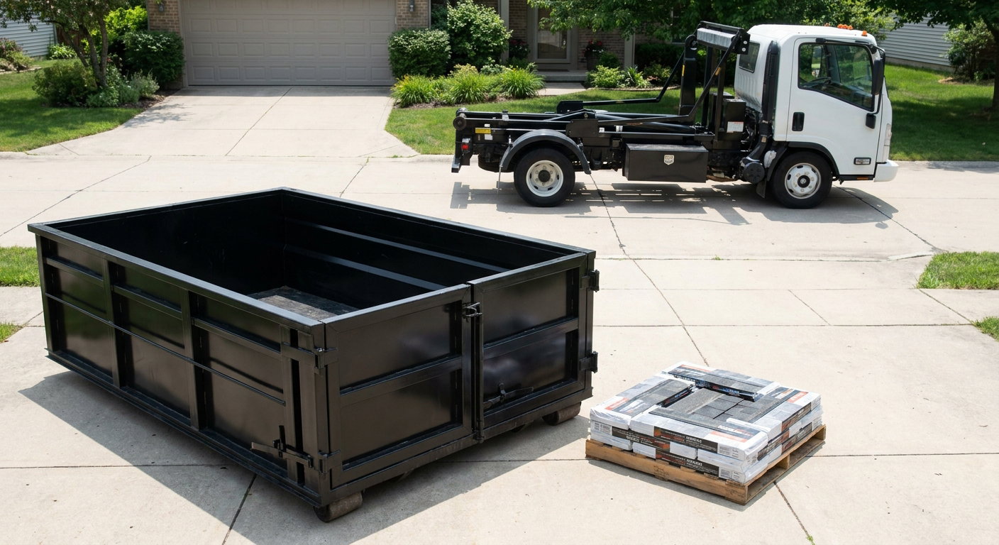 Matte-black 15-yard roofing roll-off dumpster with reinforced low side walls sitting directly on a El Cajon residential concrete driveway, three-tab asphalt shingle bundles stacked nearby, an unmarked white hauler truck partially visible at the edge of the frame.