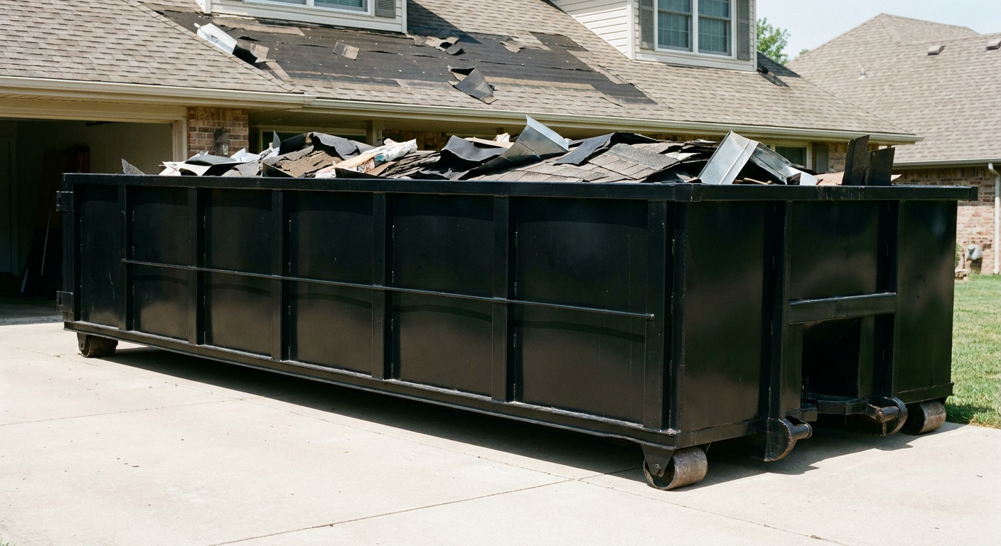 Matte-black 20-yard roofing roll-off dumpster with steel ribbed sides and swinging rear door, sitting directly on the concrete driveway of a two-story El Cajon home, asphalt shingle debris being loaded over the low wall, clean documentary lighting.