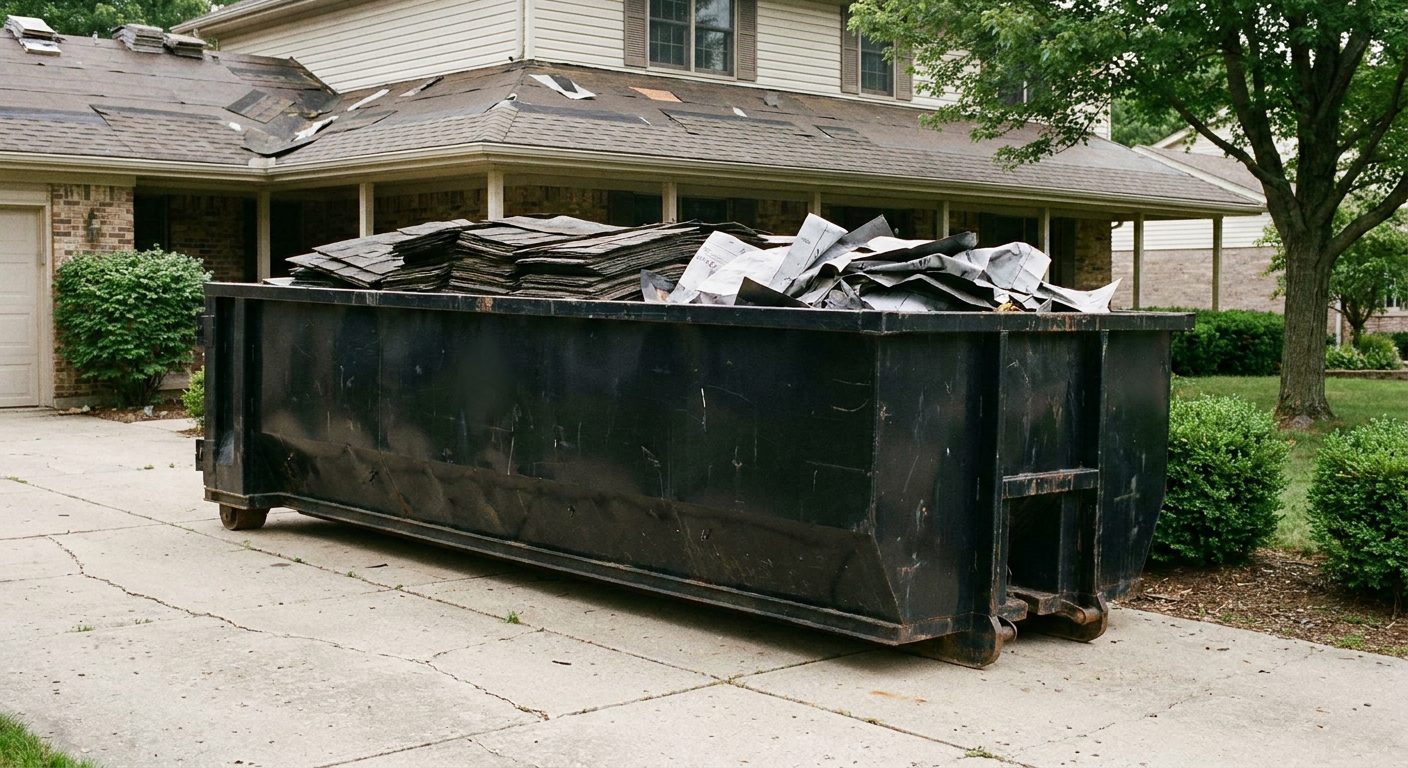 Matte-black 30-yard roofing roll-off dumpster sitting directly on a El Cajon concrete driveway, taller ribbed steel side panels, mixed tear-off debris of asphalt shingles and underlayment inside, professional documentary daylight.
