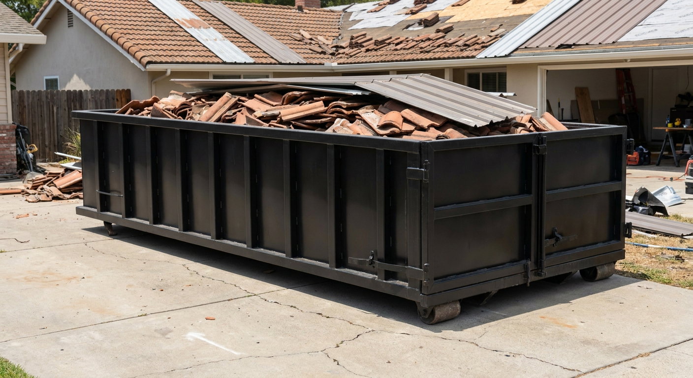 Matte-black low-wall heavy-debris roofing roll-off dumpster sitting directly on a El Cajon concrete driveway, broken concrete clay roof tiles and metal panel sections loaded inside, reinforced ribbed steel side walls visible, bright outdoor daylight.