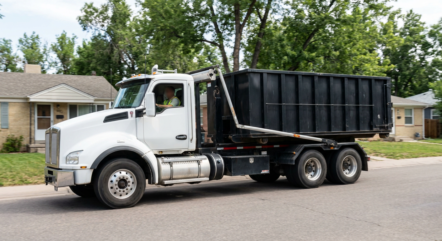 A wide documentary shot of a matte-black roll-off delivery truck pulling onto a quiet El Cajon residential street at mid-morning, with neighborhood rooftops and tree-lined blocks visible behind, showing the metro coverage footprint.