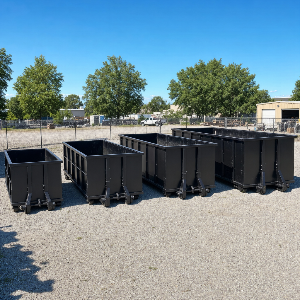 A clean lineup of matte-black roll-off dumpsters in 10, 20, 30, and 40-yard sizes staged on a sunlit gravel yard in El Cajon, showing the size progression from compact to commercial-scale containers.