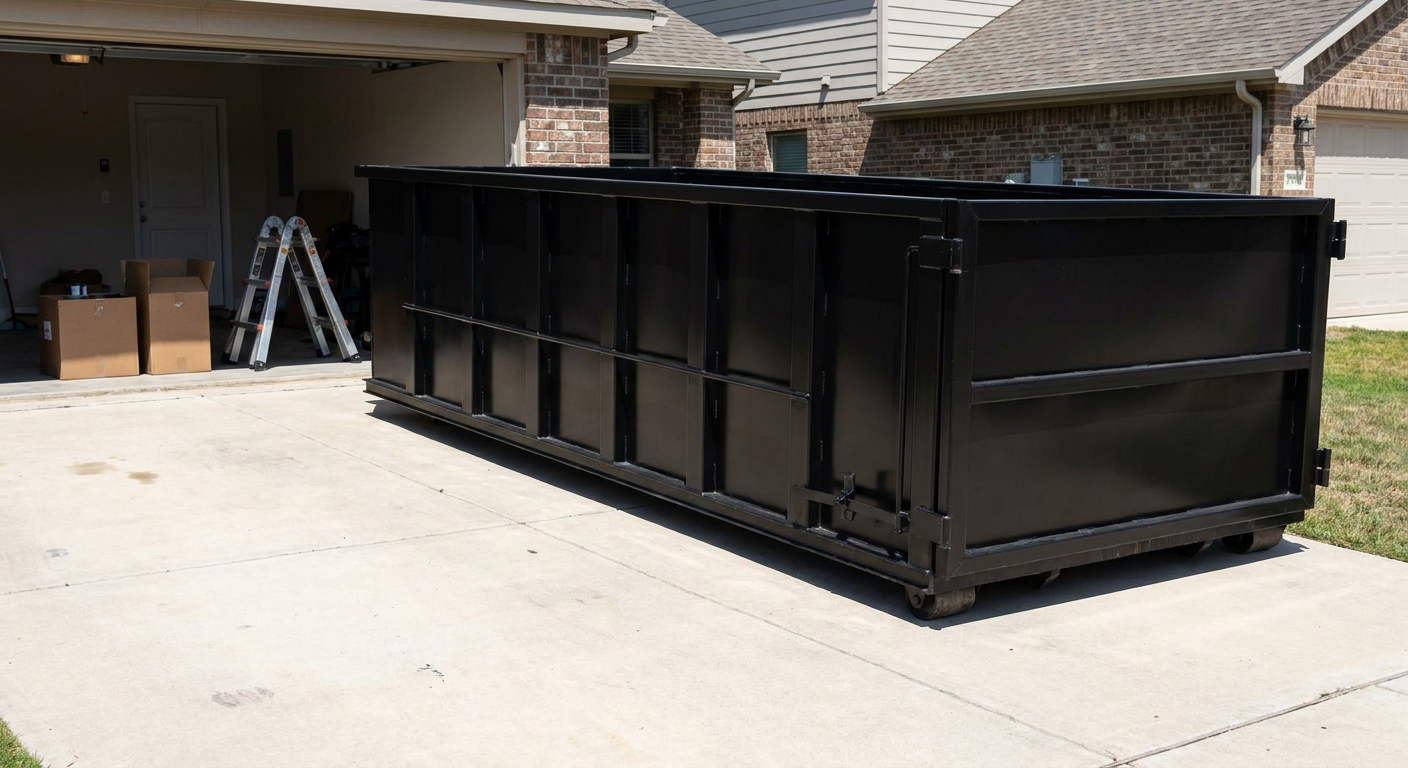 A matte-black 10-yard roll-off dumpster sitting directly on a residential El Cajon concrete driveway, mid-day sunlight, clean and ready for a garage cleanout.