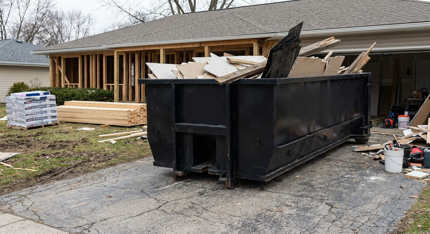 A matte-black 20-yard roll-off dumpster placed alongside a mid-renovation El Cajon home directly on the asphalt driveway, with framing materials and torn-off shingles staged neatly nearby.