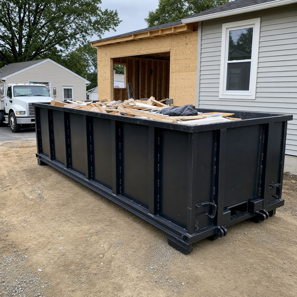 A matte-black 30-yard roll-off dumpster positioned at a El Cajon residential addition jobsite, with framing lumber and drywall scraps loaded through the open swinging rear doors.