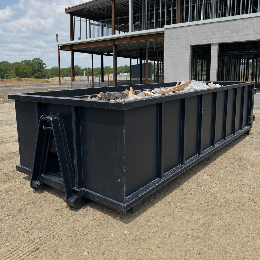A matte-black 40-yard roll-off dumpster staged on a large El Cajon commercial construction lot, with a hooklift delivery truck parked alongside under bright midday sky.