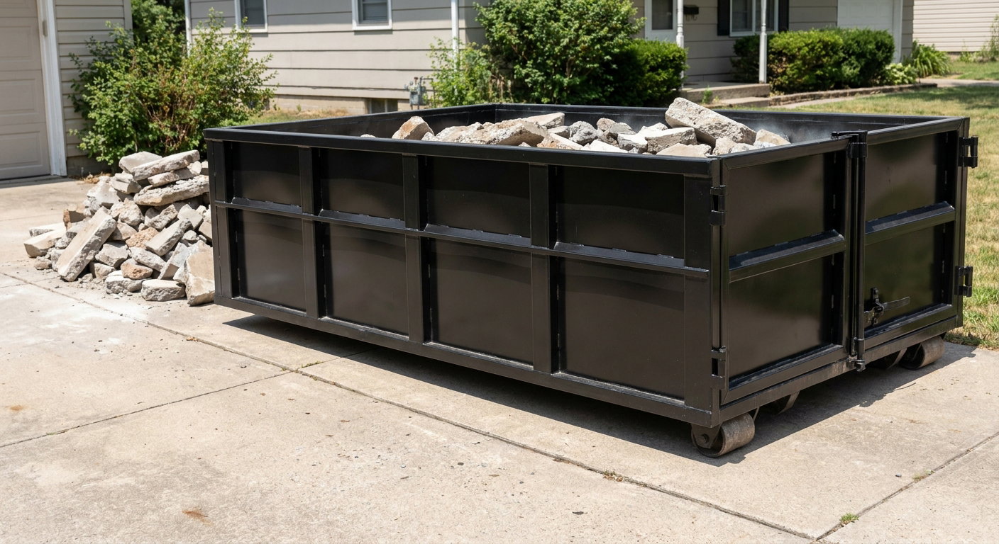 A matte-black low-side heavy-debris roll-off dumpster placed directly on a El Cajon concrete driveway, with broken concrete chunks neatly stacked beside it under clean daylight.